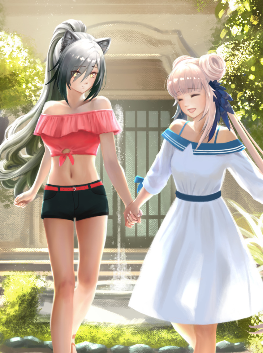 2girls :d ^_^ alternate_costume animal_ears arknights bangs bare_legs bare_shoulders belt black_shorts blue_sash bra_strap casual cat_ears ceylon_(arknights) closed_eyes collarbone commentary crop_top dclaribelle double_bun dress english_commentary eyebrows_visible_through_hair feet_out_of_frame hair_over_one_eye highres holding_hands long_hair long_ponytail long_sleeves looking_at_another midriff multiple_girls navel no_hat no_headwear off-shoulder_dress off-shoulder_shirt off_shoulder open_mouth outdoors plant red_belt red_shirt sash schwarz_(arknights) see-through_silhouette shirt short_shorts shorts silver_hair smile standing stomach thighs very_long_hair white_dress yellow_eyes