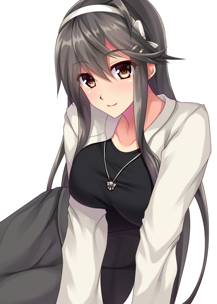 1girl absurdres alternate_costume black_shirt breasts brown_eyes casual eyebrows_visible_through_hair grey_hair grey_skirt hair_between_eyes hair_ornament hairband hairclip haruna_(kantai_collection) highres jacket jewelry kantai_collection large_breasts looking_at_viewer necklace ruin_re_birth shirt simple_background skirt smile solo white_background white_hairband white_jacket