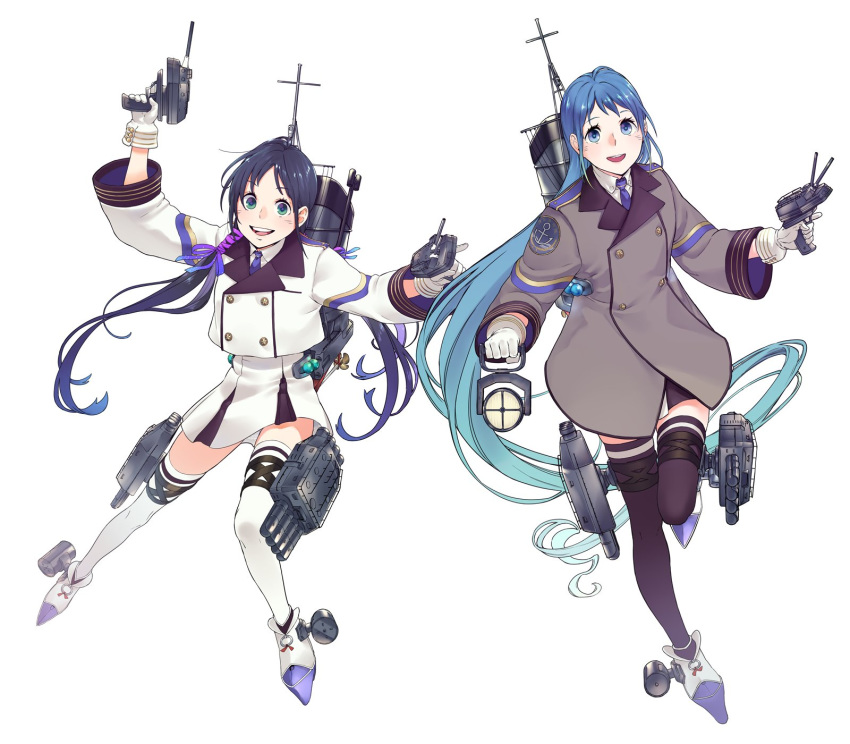 2girls adapted_turret alternate_costume bangs black_legwear blazer blue_eyes blue_hair blue_neckwear cannon coat collared_shirt commentary_request full_body gloves gradient_hair green_eyes grey_coat highres jacket kantai_collection long_hair looking_at_viewer low_twintails machinery multicolored_hair multiple_girls neckerchief necktie original_remodel_(kantai_collection) pleated_skirt ribbon samidare_(kantai_collection) school_uniform searchlight shirt simple_background skirt smile smokestack suzukaze_(kantai_collection) swept_bangs thigh-highs torpedo_launcher transparent_background turret twintails uyama_hajime very_long_hair white_background white_gloves white_jacket white_legwear white_skirt