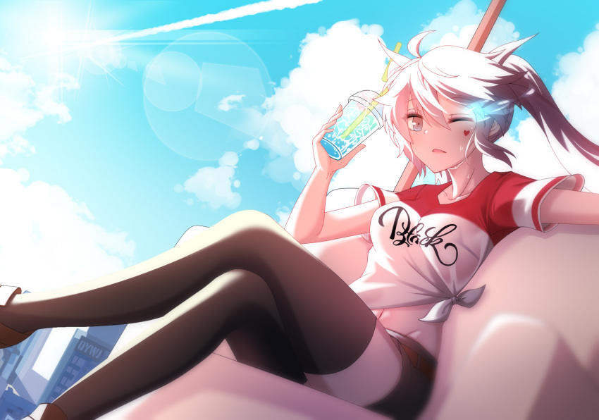 1girl armchair black_legwear black_rock_shooter chair character_request cityscape clouds collarbone commentary_request crossed_legs cup drinking_straw hair_between_eyes heart highres holding holding_cup hot long_hair navel one_eye_closed oywj shirt shorts sitting sky solo sunlight sweat sweatdrop t-shirt thigh-highs twintails white_hair window
