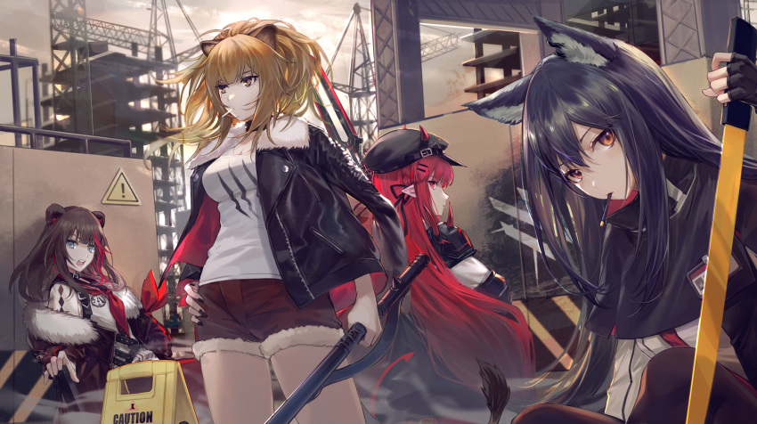 4girls animal_ears arknights bear_ears black_hair black_jacket blonde_hair blue_eyes brown_hair building cabbie_hat commentary csyko cutoffs earphones fingerless_gloves food gloves hand_on_hip hat highres holding horns jacket jacket_on_shoulders lion_ears long_hair looking_at_viewer mouth_hold multicolored_hair multiple_girls nail_polish open_mouth orange_eyes outdoors pocky pointy_ears polearm ponytail red_eyes red_shorts redhead short_shorts shorts siege_(arknights) sign streaked_hair sword tail texas_(arknights) vigna_(arknights) warning_sign weapon wolf_ears zima_(arknights)