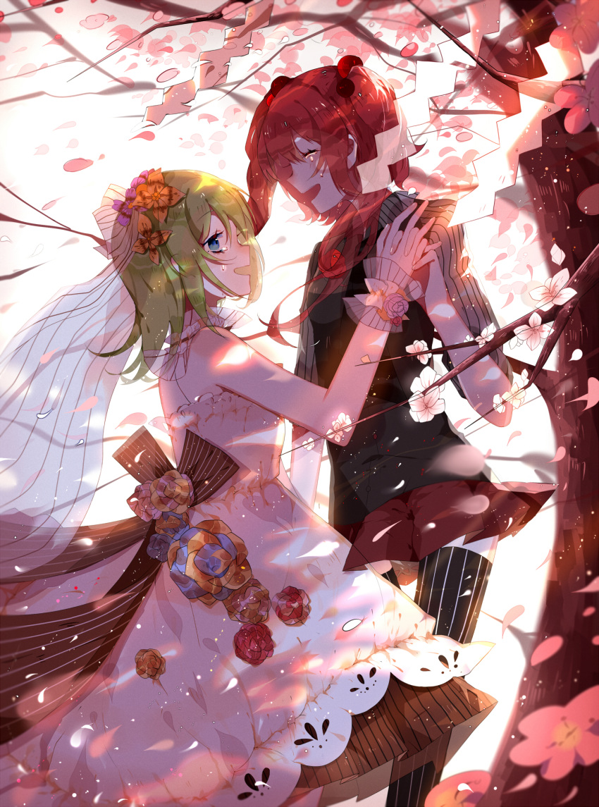 2girls blue_eyes bow bridal_veil bride cherry_blossoms chinese_commentary closed_eyes commentary_request dress flower formal green_hair hair_bobbles hair_flower hair_ornament happy highres holding_hands interlocked_fingers long_hair looking_at_another medium_hair multiple_girls onozuka_komachi open_mouth orange_flower outdoors petals purple_flower redhead rope rose shiki_eiki shimenawa skirt smile suit tears thigh-highs touhou transparent_(randomhs) tree two_side_up veil wedding_dress wife_and_wife wind yuri