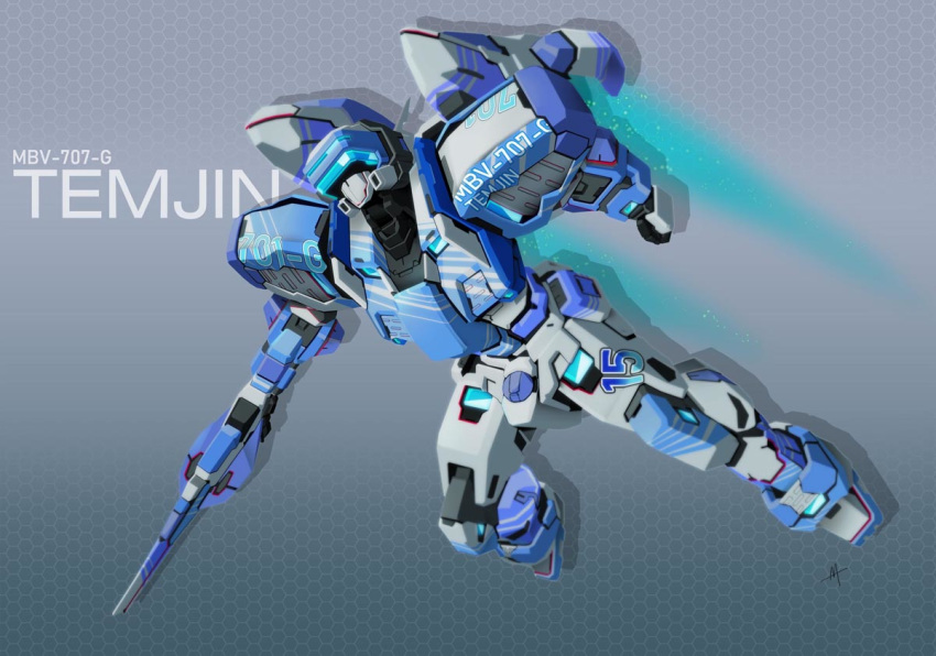 clenched_hand flying gradient gradient_background gun holding holding_weapon joints mecha robot robot_joints tatuya3363 temjin_(virtual-on) thrusters to_aru_majutsu_no_virtual-on virtual_on visor weapon