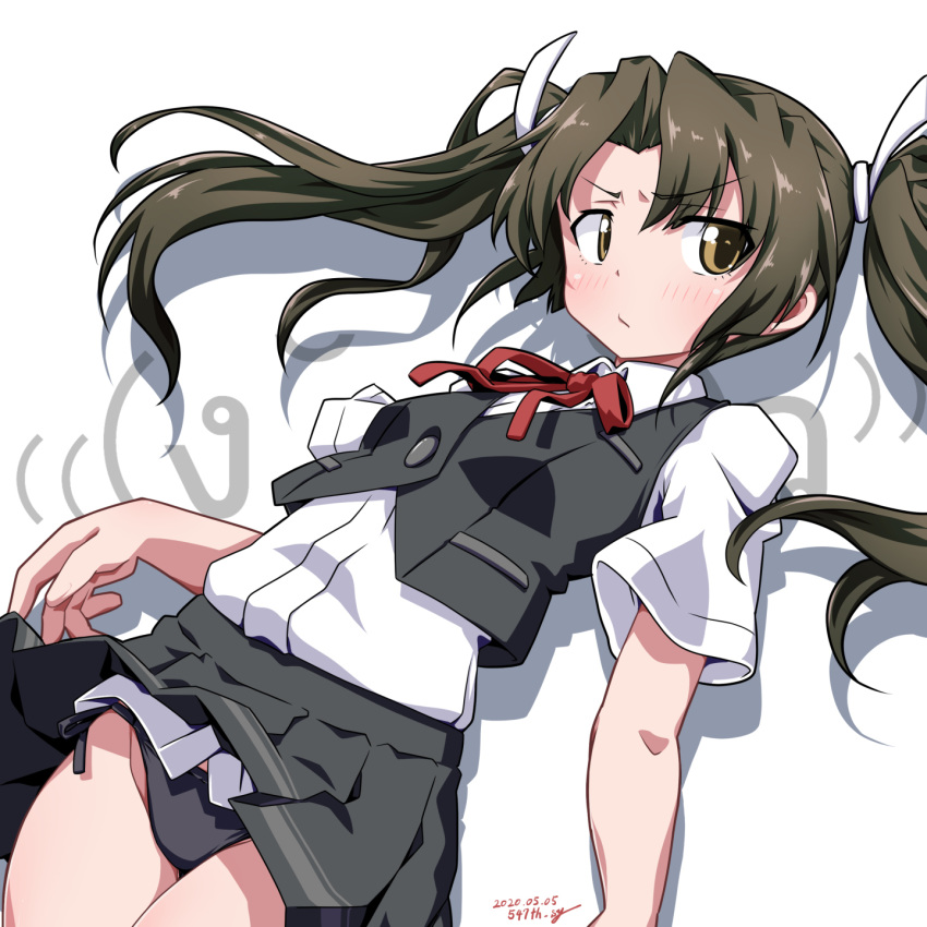 1girl 547th_sy black_panties brown_eyes commentary_request cosplay cowboy_shot dress_shirt grey_hair grey_skirt grey_vest highres kantai_collection long_hair looking_at_viewer neck_ribbon panties pleated_skirt ponytail red_ribbon ribbon school_uniform shiranui_(kantai_collection) shiranui_(kantai_collection)_(cosplay) shirt short_sleeves side-tie_panties skirt solo twintails underwear vest white_background white_shirt zuikaku_(kantai_collection)