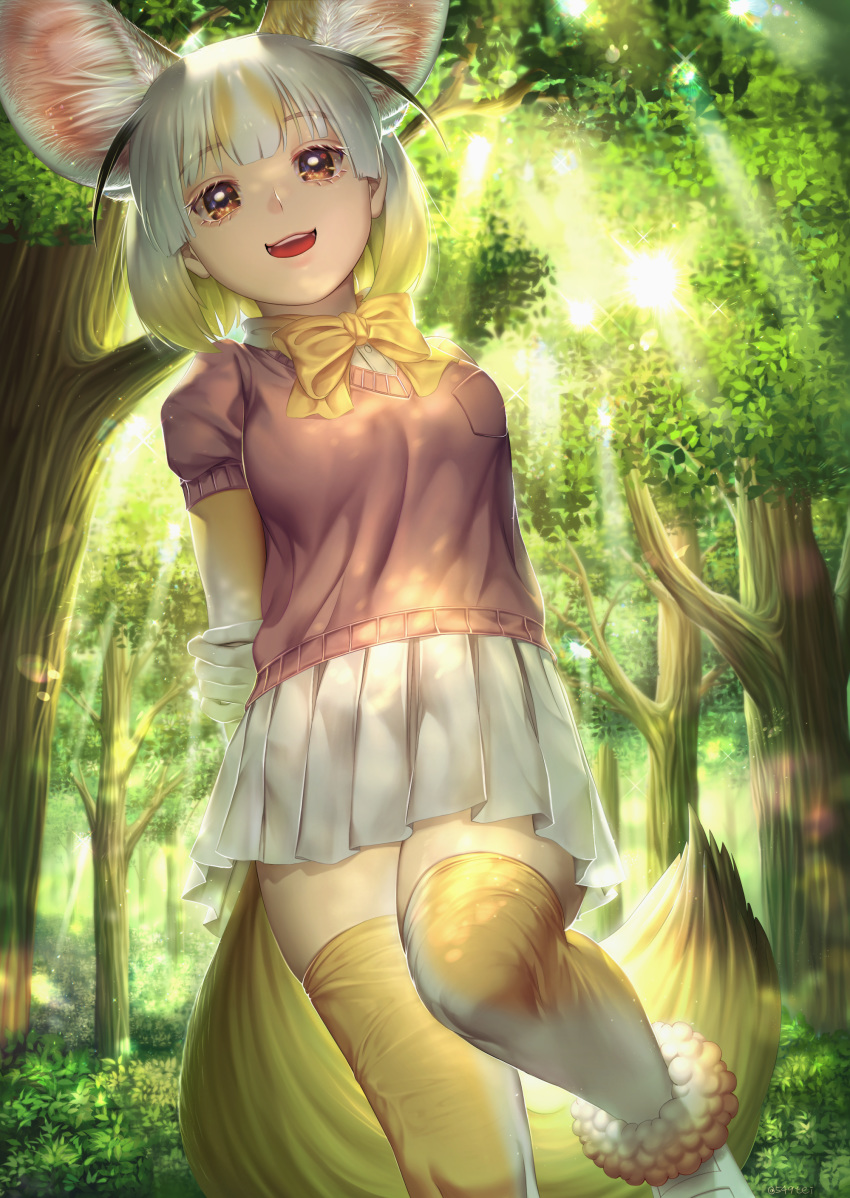 1girl :d absurdres animal_ear_fluff animal_ears arms_behind_back bangs black_hair blonde_hair breast_pocket commentary_request dappled_sunlight day elbow_gloves extra_ears fennec_(kemono_friends) fox_ears fox_tail gloves hand_on_own_arm highres kemono_friends looking_at_viewer mayuma_yumeko medium_hair miniskirt multicolored_hair open_mouth outdoors pink_sweater pocket short_sleeve_sweater short_sleeves skirt smile solo sunlight sweater tail thigh-highs tree upper_teeth white_hair white_skirt zettai_ryouiki