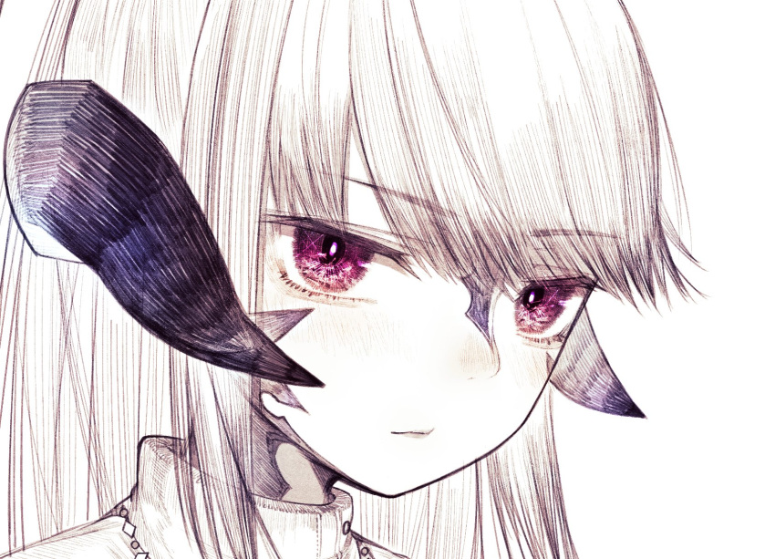 1girl au_ra blush closed_mouth eyebrows_visible_through_hair face final_fantasy final_fantasy_xiv hatching_(texture) highres horns long_hair nose_blush riuichi simple_background sketch solo turtleneck upper_body violet_eyes white_background