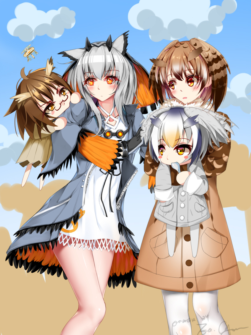 4girls animal_ears arknights bangs brown_coat brown_eyes brown_hair chinese_commentary clouds coat commentary_request crossover dress drone eeo.gopiy eurasian_eagle_owl_(kemono_friends) eyebrows_visible_through_hair glasses grey_coat head_wings highres kemono_friends multiple_girls northern_white-faced_owl_(kemono_friends) pantyhose pocket ptilopsis_(arknights) short_hair signature silence_(arknights) silver_hair sky trait_connection white_dress white_legwear