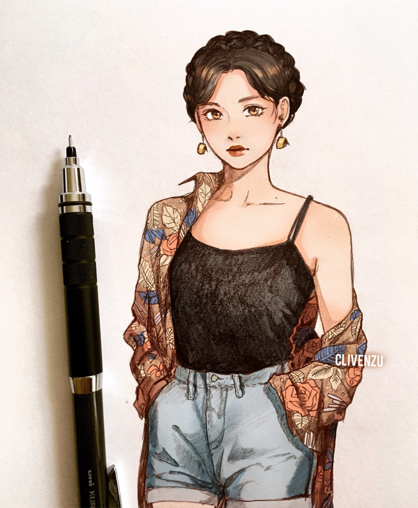 1girl artist_name black_camisole blue_shorts braid braided_bun brown_hair camisole clivenzu closed_mouth commentary cowboy_shot denim denim_shorts earrings english_commentary graphite_(medium) hands_in_pockets highres jewelry looking_at_viewer mechanical_pencil mixed_media off-shoulder_coat original pencil photo red_lips short_hair shorts solo standing traditional_media twitter_username