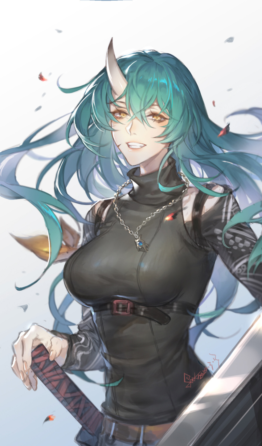 1girl arknights armband black_shirt blue_background breasts chinese_commentary cowboy_shot dated eyelashes facial_scar floating_hair gradient gradient_background green_hair grin hair_between_eyes hand_on_hilt highres hoshiguma_(arknights) jewelry katana large_breasts lips long_hair long_sleeves looking_at_viewer necklace oni_horn parted_lips pendant scar scar_on_cheek sheath sheathed shield shirt signature simple_background smile solo spade-m sword taut_clothes teeth turtleneck weapon yellow_eyes