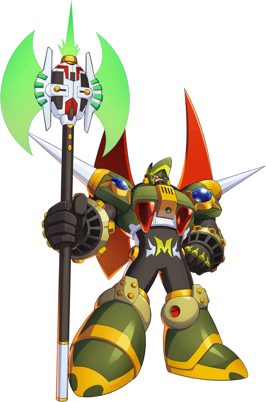 1boy armor axe blue_eyes eagle_helmet gem highres holding holding_weapon looking_down official_art rockman_x_dive shoulder_spikes spikes steel_massimo symbol weapon wings