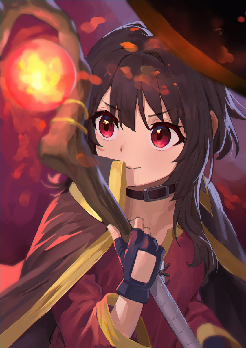 1girl bangs black_cape black_choker black_gloves blurry_foreground brown_hair cape choker commentary determined dress fingerless_gloves furrowed_eyebrows gloves glowing glowing_staff hat hat_removed headwear_removed highres holding holding_staff kono_subarashii_sekai_ni_shukufuku_wo! light_smile looking_afar megumin red_background red_dress red_eyes short_hair sidelocks solo staff suketoudara_(artist) upper_body witch_hat