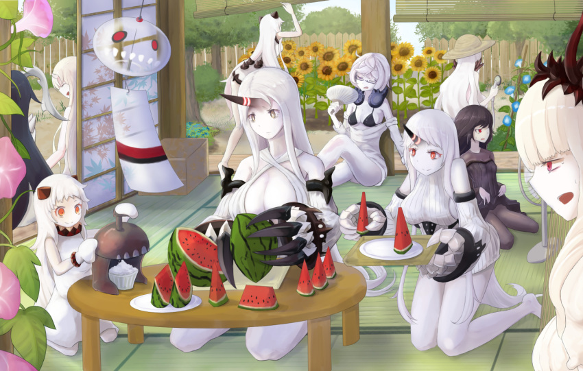 6+girls black_hair character_request food fruit horn horns isolated_island_oni kantai_collection lycoris_hime mizuchi_(mizuchi7118) multiple_girls northern_ocean_hime oni seaport_hime seaport_water_oni shaved_ice shinkaisei-kan supply_depot_hime watermelon white_hair white_skin