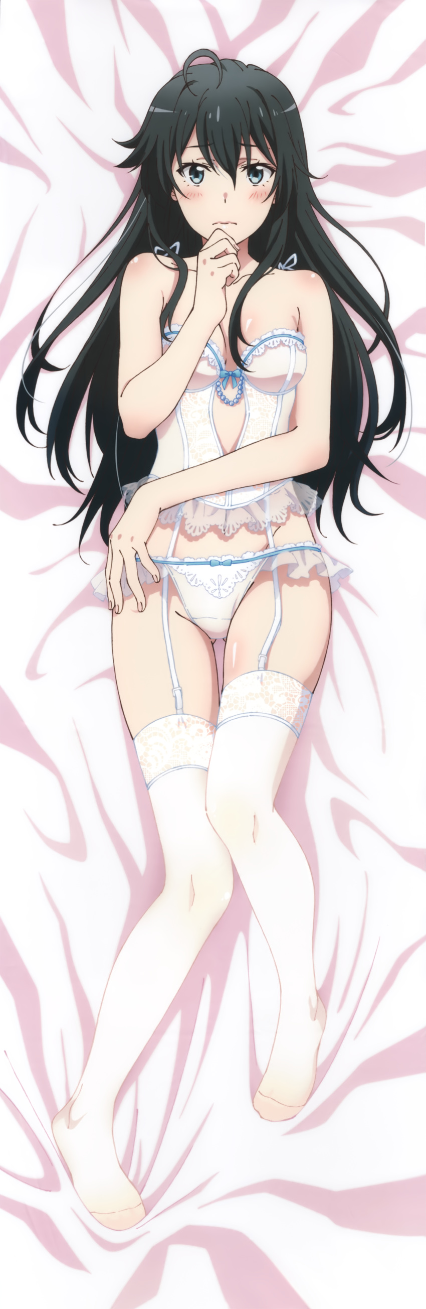 1girl absurdres artist_request black_hair blazer blue_eyes bra breasts dakimakura feet hair_bun hands_on_own_face highres huge_filesize jacket long_hair looking_at_viewer panties solo thigh-highs underwear white_legwear yahari_ore_no_seishun_lovecome_wa_machigatteiru. yukinoshita_yukino