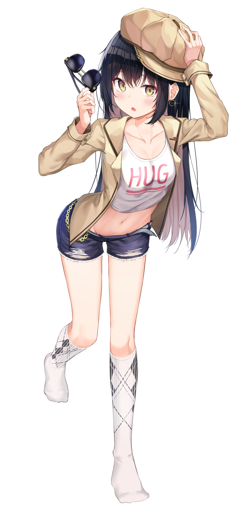 1girl :o absurdres apple_ringo arm_up belt black_hair blue_shorts breasts brown_headwear brown_jacket cabbie_hat clothes_writing collarbone colored_inner_hair commentary_request crop_top cutoffs denim denim_shorts earrings eyewear_removed full_body glint groin hand_on_headwear hat highres holding holding_eyewear hoop_earrings jacket jewelry kneehighs long_hair long_sleeves looking_at_viewer medium_breasts midriff multicolored_hair navel no_shoes open_clothes open_jacket open_mouth original shirt short_shorts shorts sidelocks simple_background solo standing standing_on_one_leg stomach sunglasses thighs white_background white_legwear white_shirt wing_collar yellow_eyes