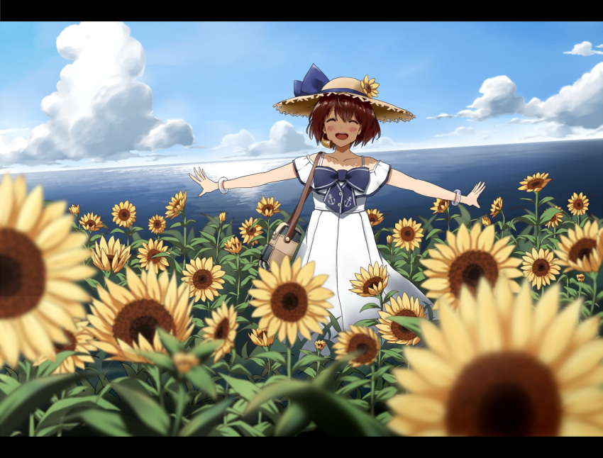 1girl alternate_costume any_(lucky_denver_mint) blue_sky brown_hair closed_eyes clouds commentary_request day dress facing_viewer flower hat horizon kantai_collection ocean outdoors outstretched_arms ribbon short_hair sky smile solo speaking_tube_headset straw_hat sun_hat sundress sunflower water white_dress yukikaze_(kantai_collection)