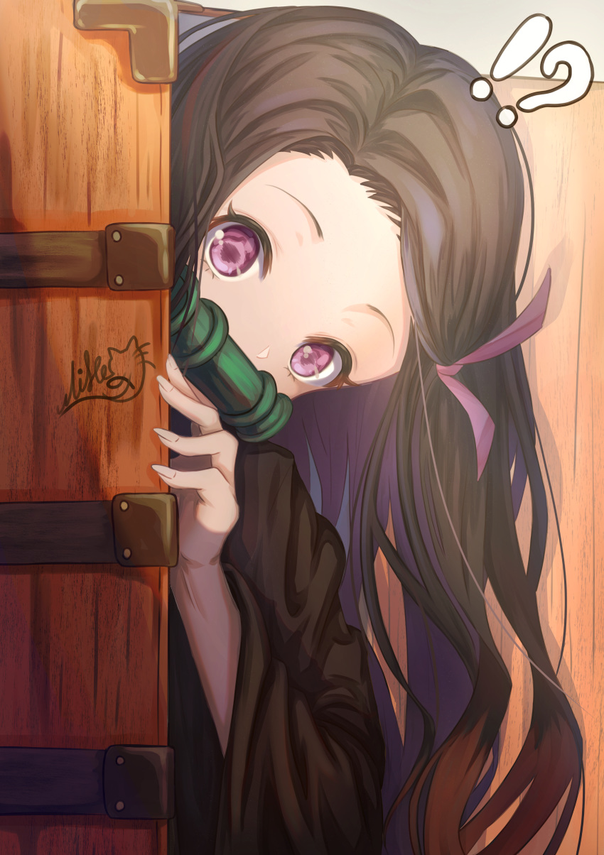 !? 1girl absurdres black_hair brown_hair hair_ribbon head_tilt highres kamado_nezuko kimetsu_no_yaiba long_hair long_sleeves looking_at_viewer mike3284 multicolored_hair pink_eyes pink_ribbon ribbon signature two-tone_hair very_long_hair