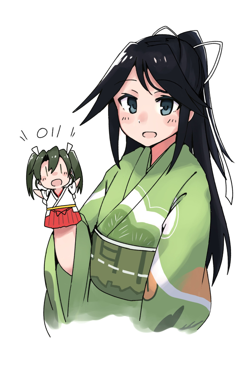 1girl absurdres black_hair blue_eyes blush character_doll cropped_torso eyebrows_visible_through_hair green_kimono hair_ribbon hand_puppet highres japanese_clothes kantai_collection katsuragi_(kantai_collection) kimono long_hair long_sleeves ma_rukan open_mouth ponytail puppet ribbon signature simple_background smile solo white_background white_ribbon wide_sleeves zuikaku_(kantai_collection)