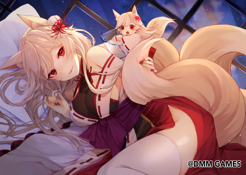 2girls :o animal_ears chibi closed_mouth cup drinking_glass dual_persona fingernails flower flower_knight_girl fox_ears fox_tail hair_flower hair_ornament higanbana_(flower_knight_girl) highres long_hair looking_at_viewer lying mishasimarina0130 multiple_girls multiple_tails object_namesake on_side open_mouth pillow red_eyes red_nails smile spider_lily tail thigh-highs water white_hair white_legwear window