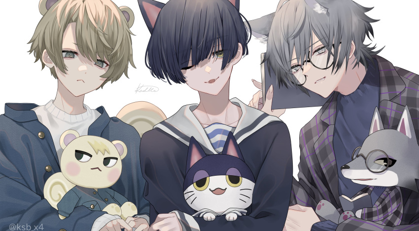 3boys :&lt; animal animal_ears bangs binta_(doubutsu_no_mori) black_eyes black_hair black_jacket black_shirt book brown_eyes cat cat_ears checkered_jacket collarbone commentary_request doubutsu_no_mori extra_ears eyebrows_visible_through_hair fang fangs glasses highres holding holding_animal holding_book jacket jun_(doubutsu_no_mori) ksb_x4 long_sleeves looking_at_viewer male_focus multiple_boys one_eye_closed open_clothes open_jacket open_mouth personification shirt short_hair siberia_(doubutsu_no_mori) signature simple_background sleeves_past_wrists slit_pupils squirrel squirrel_ears squirrel_tail sweater tail twitter_username upper_body white_background white_sweater wolf wolf_boy wolf_ears yellow_eyes yellow_sclera
