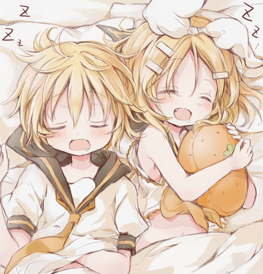 1boy 1girl absurdres bangs bare_shoulders black_collar blonde_hair bow closed_eyes collar crop_top fang hair_bow hair_ornament hairclip highres hitode holding_stuffed_toy kagamine_len kagamine_rin lying midriff navel neckerchief necktie on_back open_mouth pillow sailor_collar saliva school_uniform scratching_stomach shirt short_hair short_sleeves sleeping spiky_hair swept_bangs upper_body vocaloid white_bow white_shirt yellow_neckwear zzz