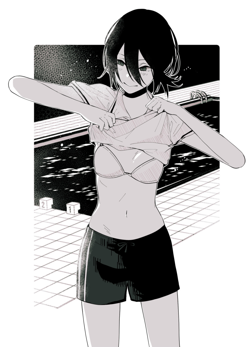 1girl absurdres bare_arms black_choker black_hair black_legwear black_shorts blush bra breasts chainsaw_man choker greyscale hair_bun hands_up highres looking_to_the_side medium_breasts medium_hair monochrome pool poolside reze_(chainsaw_man) shirt shirt_lift short_hair shorts sleeveless small_breasts smile solo toukaairab underwear undressing white_bra white_shirt