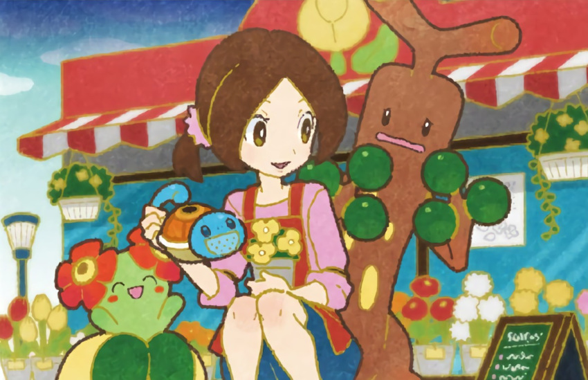 1girl :d ^_^ apron arms_up bellossom black_eyes blush_stickers brown_eyes brown_hair closed_eyes commentary commentary_request creature english_commentary eo_kanako eye_contact flower flower_shop_lady_(pokemon) gen_1_pokemon gen_2_pokemon happy holding lamppost looking_at_another multiple_sources official_art open_mouth outdoors pokemon pokemon_(creature) pokemon_trading_card_game short_hair sitting smile squirt_bottle squirtle sudowoodo tied_hair vase