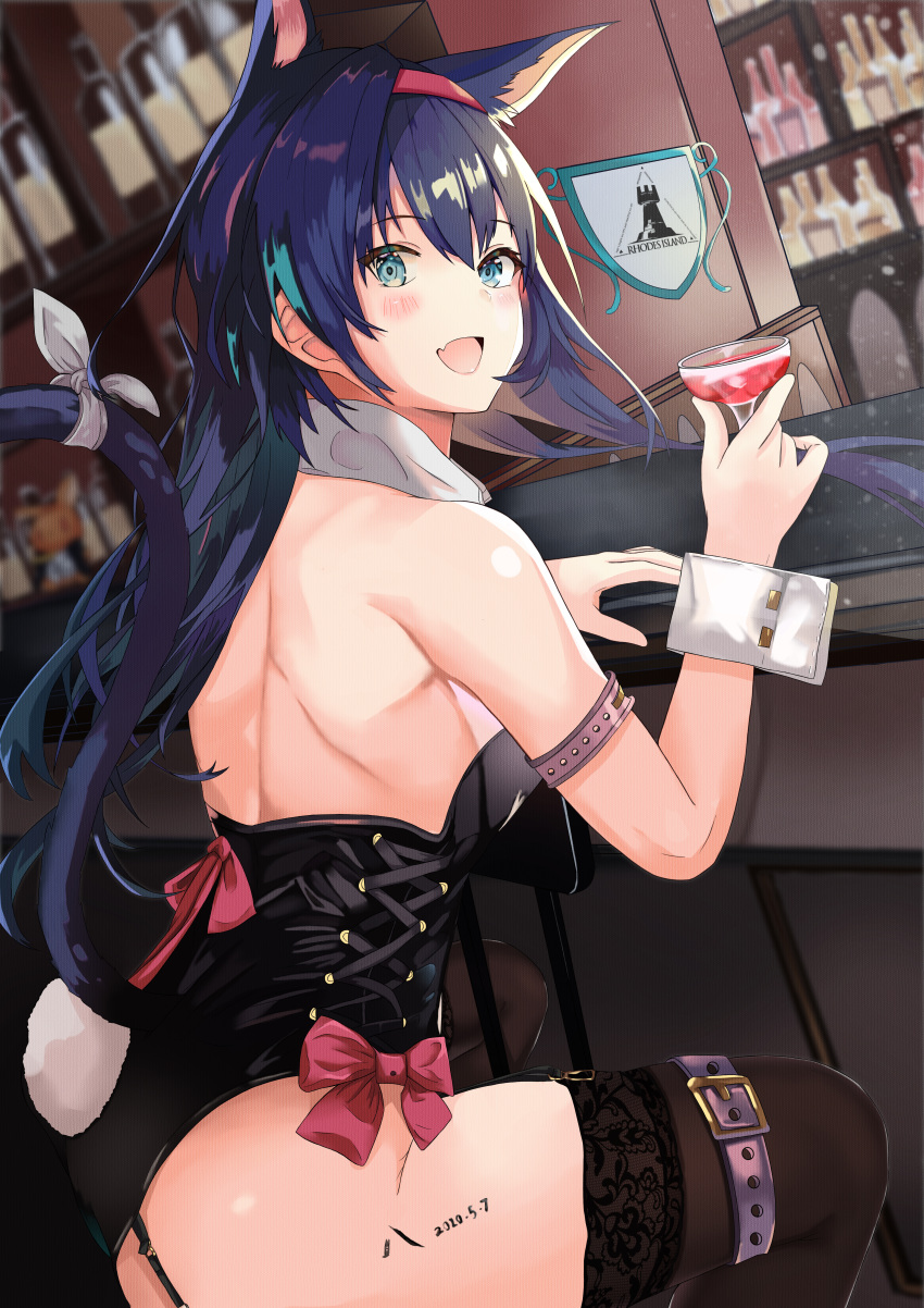 1girl :d absurdres alternate_costume animal_ears arknights armlet auguste bangs bare_arms bare_back bare_shoulders black_hair black_legwear black_leotard blaze_(arknights) blush bottle bow bunny_tail cat_ears cat_tail chinese_commentary commentary_request cup dated drinking_glass fake_tail fang green_eyes hair_between_eyes hairband hand_up highres holding holding_cup huge_filesize leotard long_hair looking_at_viewer open_mouth playboy_bunny_leotard red_bow red_hairband ribbon shelf sitting skin_fang smile solo tail tail_ribbon thigh-highs thigh_strap thighs white_ribbon wine_glass wrist_cuffs