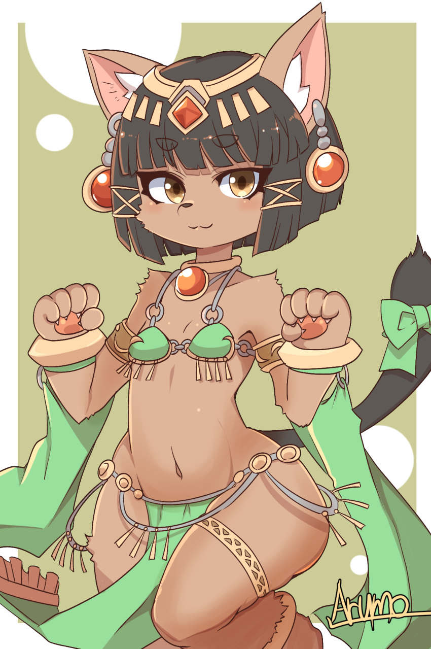 1girl :3 animal_ear_fluff animal_ears artist_name bastet_(fullbokko_heroes) bikini_top black_hair blush bow brown_eyes brown_fur cat cat_ears cat_girl cat_tail commentary cowboy_shot earrings fullbokko_heroes furry highres jewelry leg_up looking_to_the_side midriff navel paw_pose pawpads pelvic_curtain ryuusui_arumo short_hair simple_background snout tail tail_bow