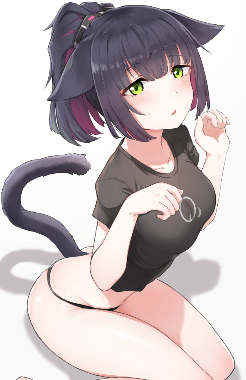 1girl absurdres animal_ears arknights black_panties black_shirt breasts cat_ears cat_girl cat_tail collarbone colored_inner_hair crop_top floppy_ears green_eyes hands_up highres jessica_(arknights) kongthegrain long_hair looking_at_viewer medium_breasts multicolored_hair no_pants panties parted_lips ponytail shirt short_sleeves simple_background sitting skindentation solo tail tail_raised thighs underwear white_background