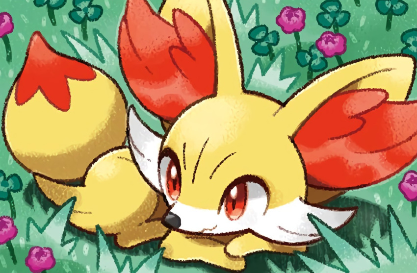 commentary creature english_commentary eo_kanako fennekin flower full_body gen_6_pokemon grass lying multiple_sources no_humans official_art on_stomach pokemon pokemon_(creature) pokemon_trading_card_game red_eyes solo third-party_source