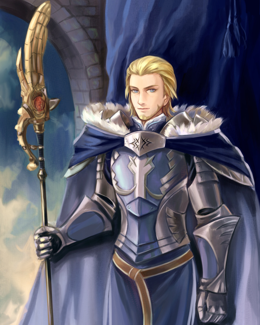 1boy absurdres areadbhar_(fire_emblem) armor beard belt blonde_hair blue_eyes cape curtains facial_hair fire_emblem fire_emblem:_three_houses fur_trim gloves highres huge_filesize lambert_egitte_blaiddyd polearm sky solo spear weapon