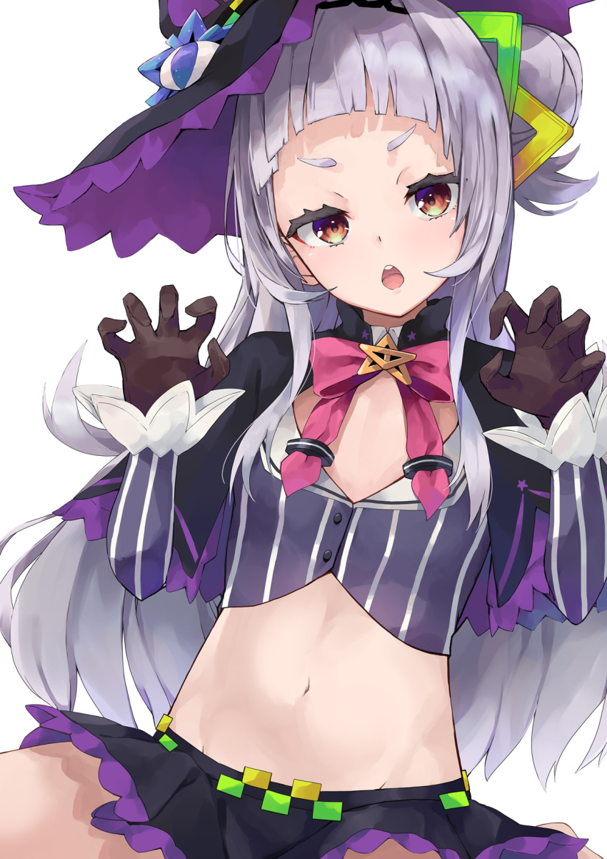 1girl bangs black_capelet black_gloves black_headwear black_skirt blunt_bangs blush capelet claw_pose cowboy_shot gloves hair_bun hat highres hololive konkito long_hair long_sleeves looking_at_viewer lowleg_skirt midriff murasaki_shion open_mouth side_bun silver_hair skirt solo tilted_headwear virtual_youtuber witch_hat yellow_eyes