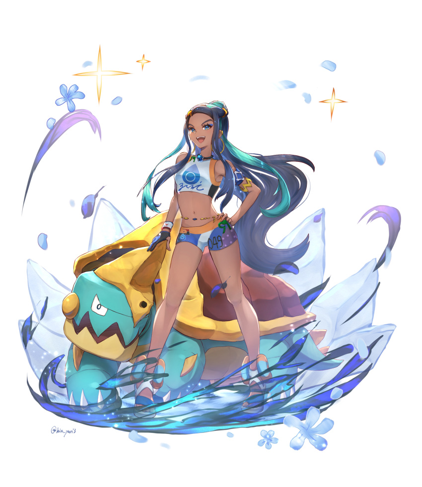 1girl armlet bare_shoulders belly_chain black_hair blue_eyes blue_eyeshadow blue_hair breasts collarbone dark_skin drednaw earrings eyeliner eyeshadow forehead full_body gen_8_pokemon gloves gym_leader hair_bun hand_on_hip highres hoop_earrings jewelry long_hair looking_at_viewer makeup multicolored_hair navel necklace odd_(hin_yari) open_mouth pendant pokemon pokemon_(game) pokemon_swsh rurina_(pokemon) sandals single_glove small_breasts smile sportswear swimsuit tankini two-tone_hair white_background