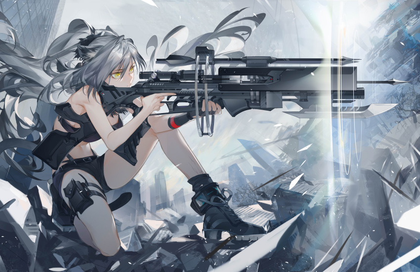 1girl absurdres animal_ear_fluff animal_ears arknights bangs bare_arms bare_shoulders belt black_belt black_footwear black_gloves black_shorts boots bow_(weapon) breasts cat_ears cat_tail chinese_commentary commentary_request crop_top crossbow fingerless_gloves gloves hair_between_eyes highres holding holding_bow_(weapon) holding_weapon long_hair medium_breasts midriff one_knee pouch schwarz_(arknights) short_shorts shorts shuaijiaodegentou silver_hair single_glove sleeveless solo stomach tail thigh-highs thighs weapon yellow_eyes