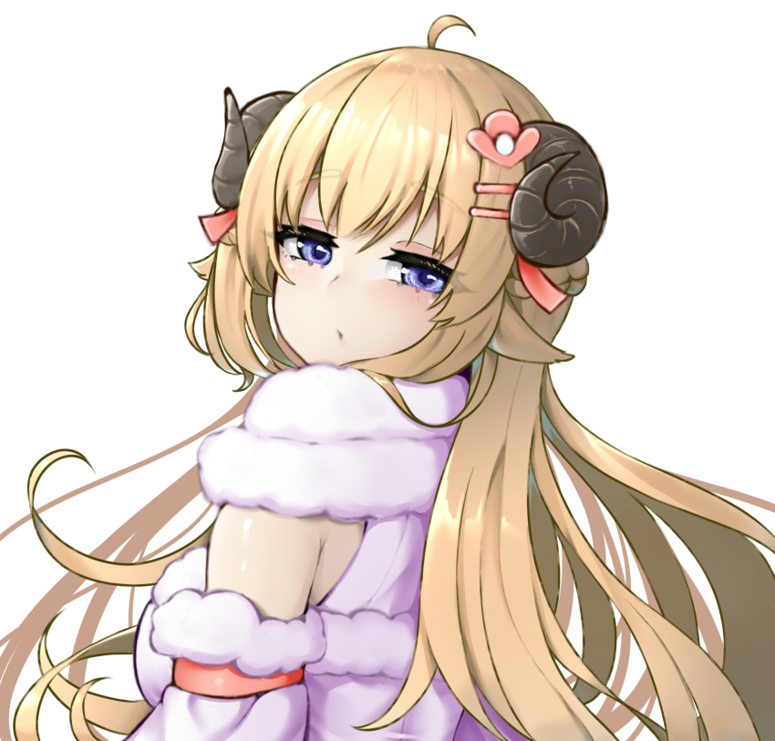 1girl ahoge animal_ears arm_cuffs bangs bare_shoulders blonde_hair blue_eyes blush breasts detached_sleeves eyebrows_visible_through_hair fur-trimmed_sleeves fur_collar fur_trim hair_ornament hairclip highres hololive horns long_hair looking_at_viewer looking_back lunch_boxer open_mouth parted_lips sheep_ears sheep_horns simple_background solo tsunomaki_watame virtual_youtuber white_background