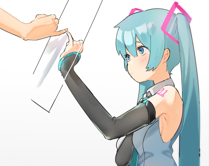 1girl aqua_eyes aqua_hair aqua_neckwear bare_shoulders black_sleeves detached_sleeves fingers_together furrowed_eyebrows glass grey_shirt hair_ornament hand_on_own_chest hatsune_miku highres kamekichi_(6969) light_blush long_hair looking_at_another master_(vocaloid) necktie pinky_out pinky_swear see-through_sleeves shirt shoulder_tattoo sleeveless sleeveless_shirt solo tattoo twintails upper_body very_long_hair vocaloid white_background