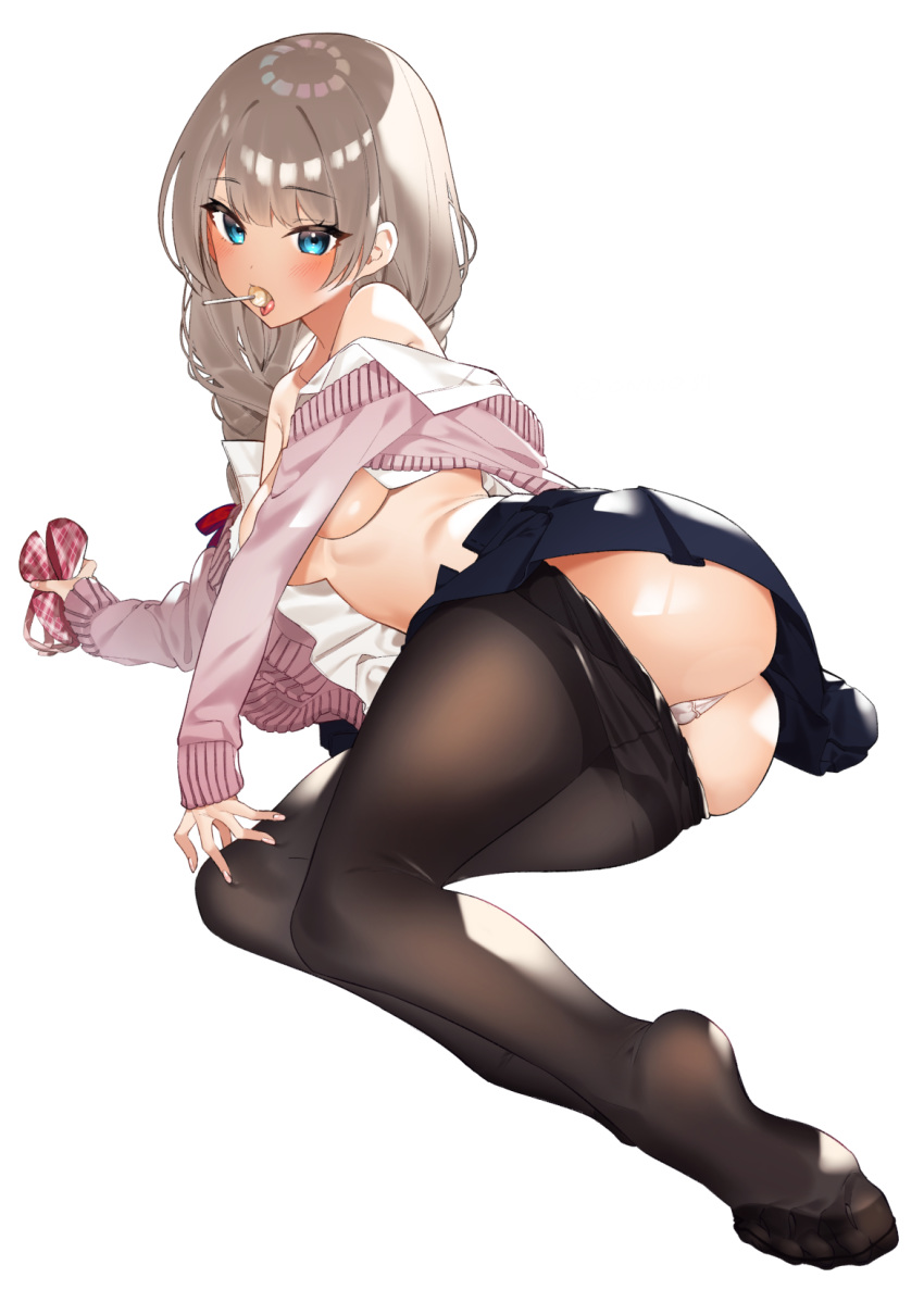 1girl ass bangs bare_shoulders black_legwear blue_eyes blush breasts candy commentary_request eyebrows_visible_through_hair food highres lollipop long_hair lying off_shoulder on_side open_mouth original panties panties_under_pantyhose pantyhose school_uniform simple_background sino42 skirt sleeves_past_wrists solo tongue tongue_out underwear white_background white_panties