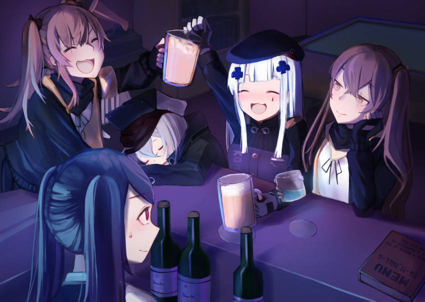 404_(girls_frontline) 5girls alcohol bar bartender beer beer_mug cocktail cocktail_glass commentary_request crossover cup drinking_glass drunk g11_(girls_frontline) girls_frontline highres hk416_(girls_frontline) jill_stingray mug multiple_girls purple_hair sakana-ko ump45_(girls_frontline) ump9_(girls_frontline) va-11_hall-a