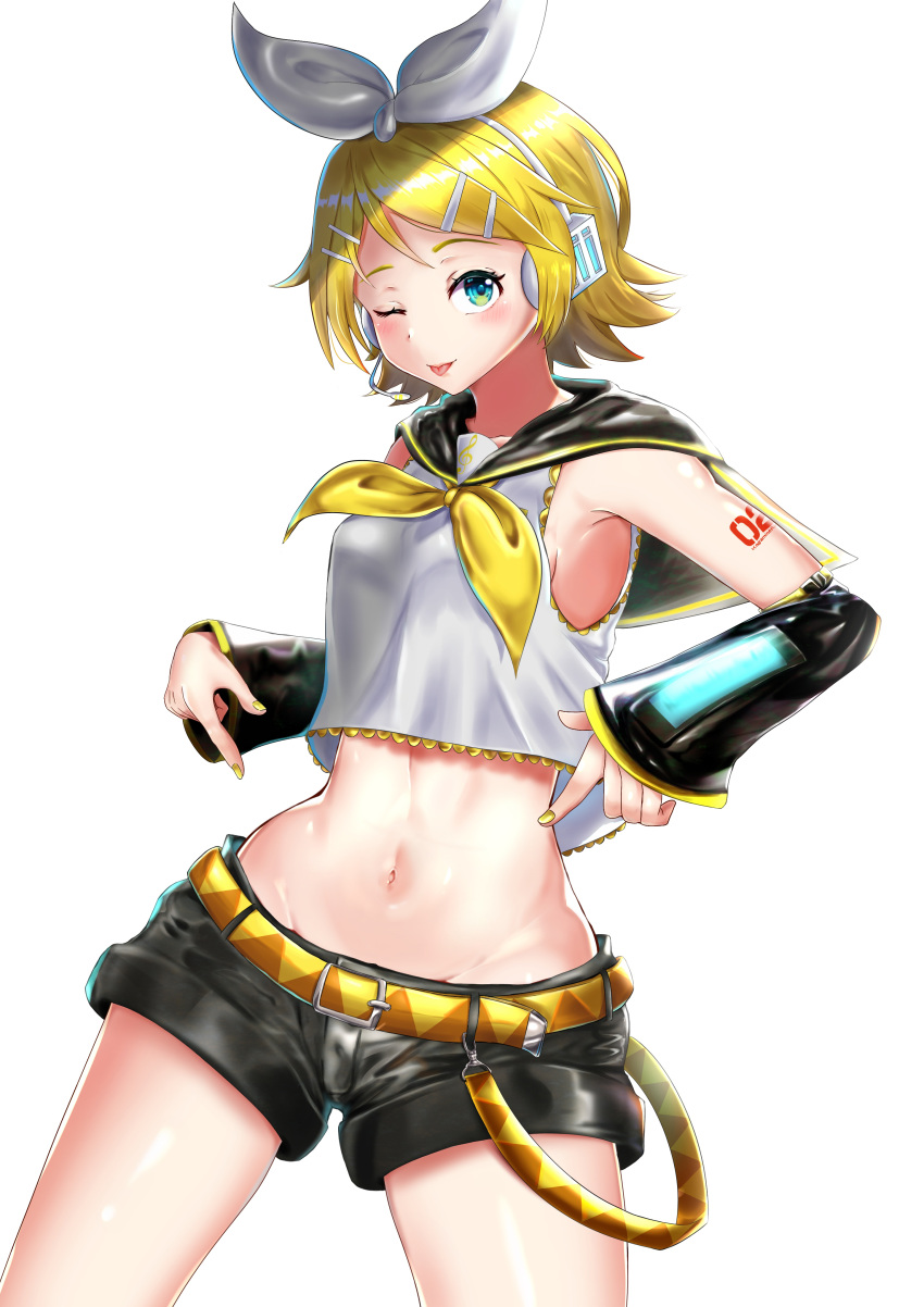 1girl ;p absurdres arm_tattoo armpits bangs bare_shoulders black_sailor_collar blonde_hair blue_eyes blush bow breasts collarbone commentary cowboy_shot crop_top detached_sleeves groin hair_bow hair_ornament hairclip headset highres itogari kagamine_rin looking_at_viewer midriff navel navel_focus neckerchief number_tattoo one_eye_closed pointing pointing_at_self sailor_collar shirt short_hair short_shorts shorts sideboob sidelocks simple_background sleeveless sleeveless_shirt small_breasts smile solo standing tattoo tongue tongue_out treble_clef vocaloid white_background white_shirt yellow_belt yellow_nails yellow_neckwear