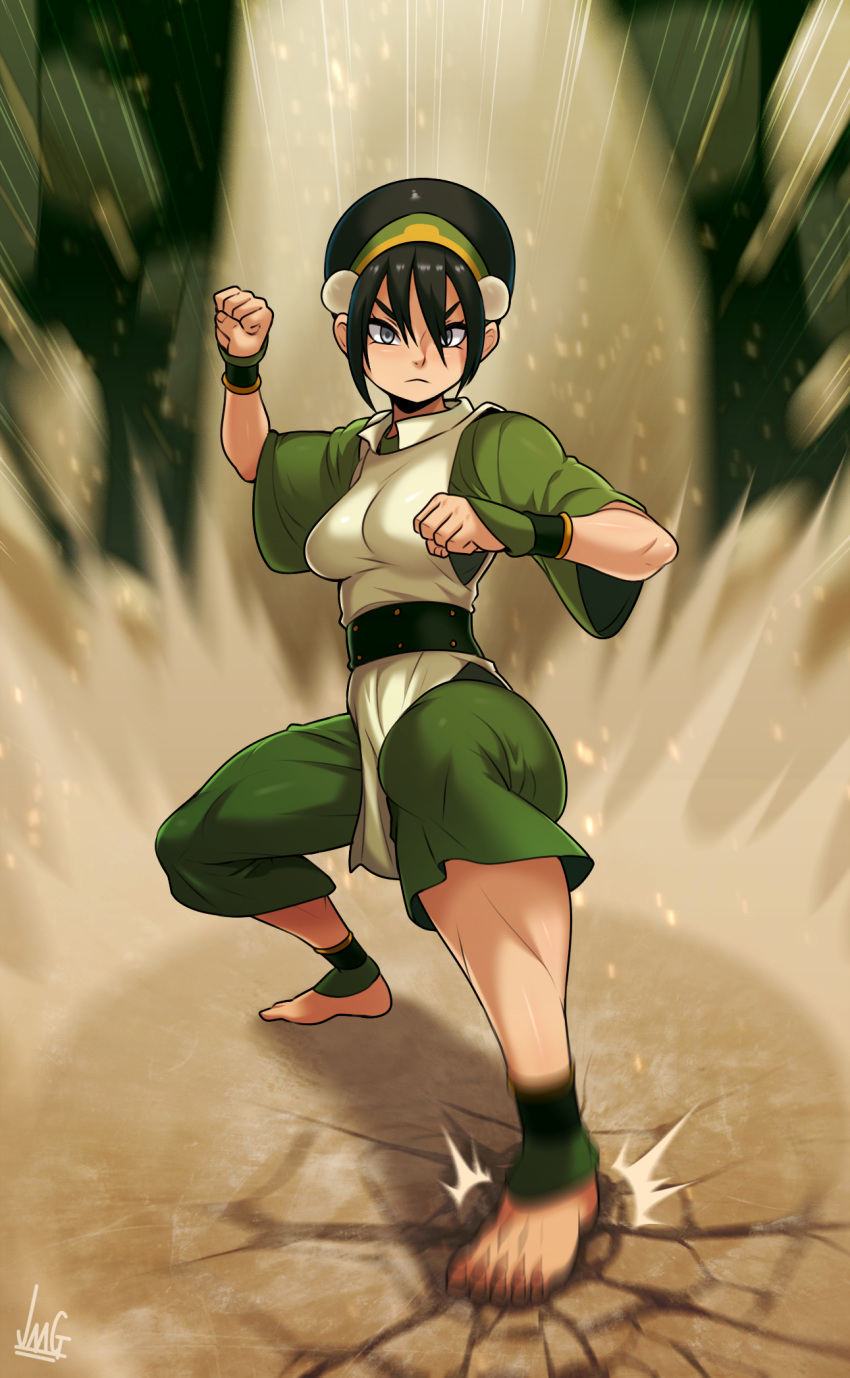1girl avatar:_the_last_airbender avatar_(series) belt black_hair blind breasts clenched_hands culottes dirty_feet dust_cloud element_bending facing_viewer fighting_stance full_body geokinesis grey_eyes ground_shatter hairband highres jmg medium_breasts motion_blur pelvic_curtain serious short_hair solo studded_belt toph_bei_fong wristband
