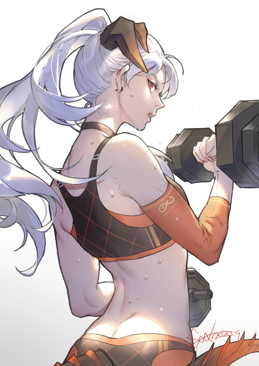 1girl arknights bangs bare_shoulders choker clenched_hand detached_sleeves dumbbell earrings exercise from_behind highres horns jewelry long_hair looking_at_viewer open_mouth ponytail profile red_eyes saria_(arknights) solo spade-m sports_bra stud_earrings sweat tail toned upper_body weightlifting white_hair