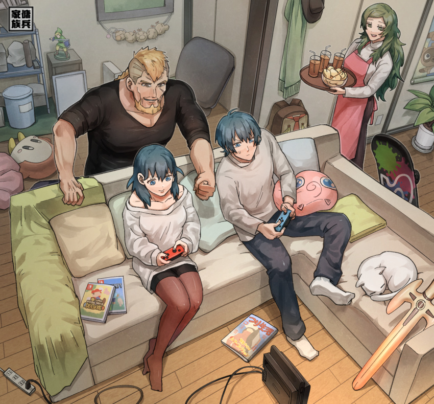 2boys 2girls apron beard blue_hair brown_hair byleth_(fire_emblem) byleth_eisner_(female) byleth_eisner_(male) cat commentary contemporary couch doseisan doubutsu_no_mori facial_hair facial_scar family father_and_daughter father_and_son fire_emblem fire_emblem:_three_houses gen_1_pokemon glass green_hair highres jeralt_reus_eisner jigglypuff kirby_(series) korokoro_daigorou link long_hair super_mario_bros. minecraft mother_(game) mother_and_daughter mother_and_son multiple_boys multiple_girls new_super_mario_bros._u_deluxe nintendo_switch pantyhose plant playing_games pokemon pokemon_(creature) potted_plant power_strip scar scar_on_cheek scarf sitri_(fire_emblem) skateboard sleeping_animal smile stuffed_toy sweater tanukichi_(doubutsu_no_mori) the_legend_of_zelda tray waddle_dee wooden_floor