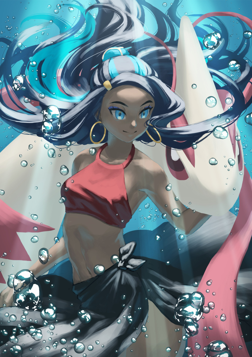 1girl air_bubble artist_request bare_shoulders black_hair blue_eyes blue_eyeshadow blue_hair breasts bubble closed_mouth collarbone dark_skin earrings eyeliner eyeshadow forehead gen_3_pokemon gym_leader hair_bun highres hoop_earrings jewelry long_hair makeup medium_breasts milotic multicolored_hair navel pokemon pokemon:_twilight_wings pokemon_(creature) pokemon_(game) pokemon_swsh red_shirt rurina_(pokemon) sarong shirt smile swimming underwater