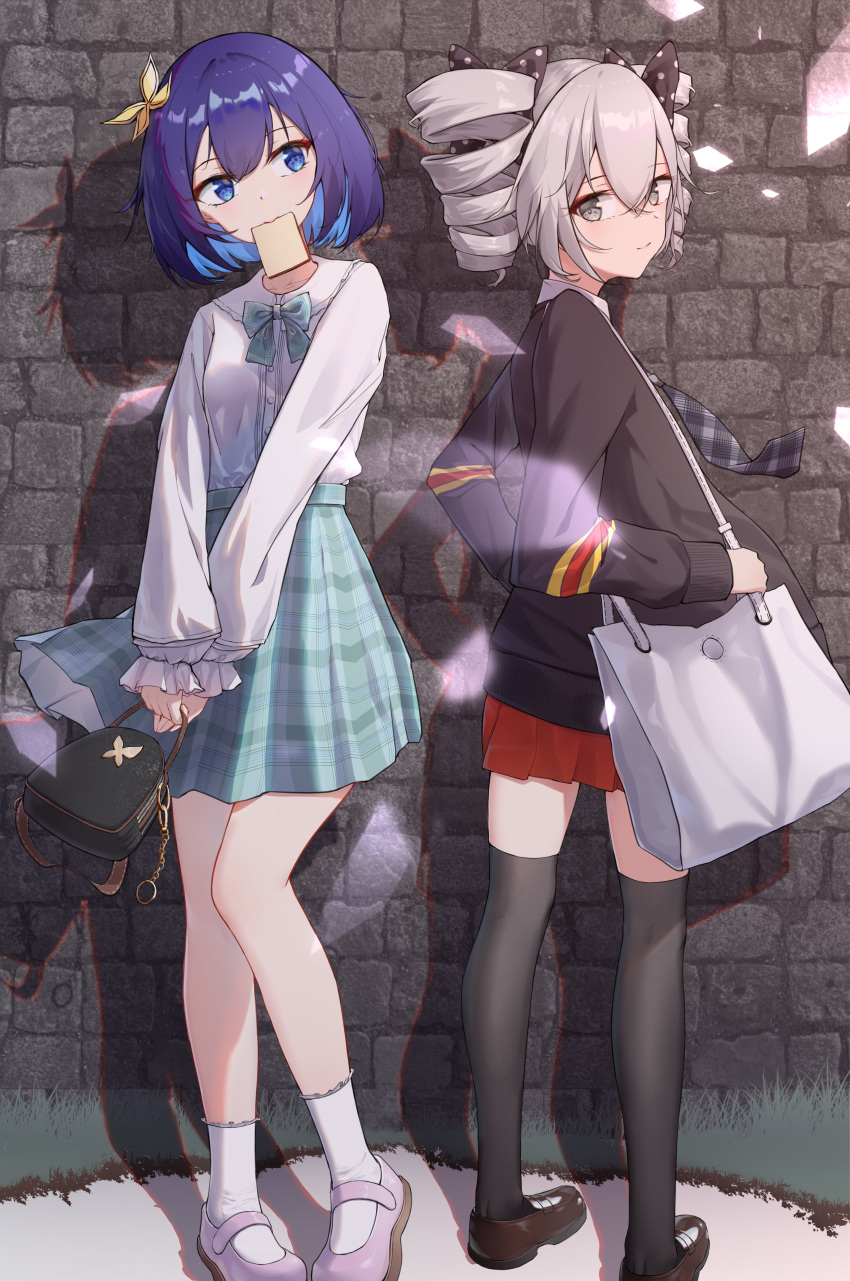 2girls absurdres bag bangs black_legwear blue_eyes blue_hair bow bowtie bronya_zaychik bronya_zaychik_(wolf's_dawn) brown_footwear casual commentary_request crossed_bangs drill_hair food food_in_mouth frilled_sleeves frills grey_eyes grey_hair hair_bow hair_ornament handbag highres honkai_(series) honkai_impact_3rd jacket kuo_(kuo114514) loafers long_hair long_sleeves looking_at_another messenger_bag miniskirt mouth_hold multicolored_hair multiple_girls pleated_skirt polka_dot polka_dot_bow red_skirt seele_vollerei shadow shirt shoes shoulder_bag skirt smile socks standing thigh-highs toast toast_in_mouth twin_drills two-tone_hair wall white_footwear white_legwear white_shirt wind