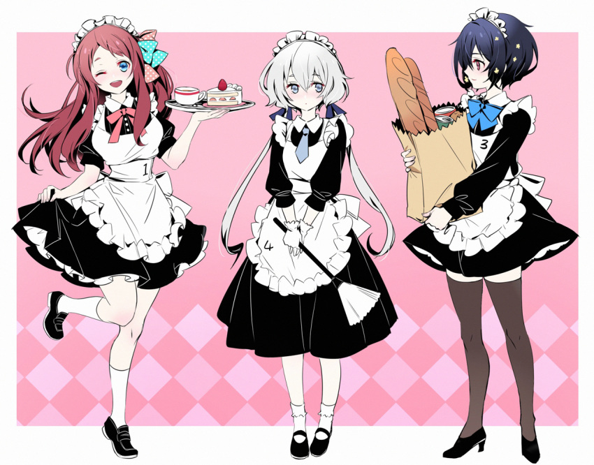 3girls apron bag baguette blue_hair bow bread cake coffee_cup cup da_huang disposable_cup duster food gloves grocery_bag konno_junko maid maid_apron maid_headdress minamoto_sakura mizuno_ai multiple_girls one_eye_closed polka_dot polka_dot_bow redhead shopping_bag silver_hair thigh-highs tray twintails white_gloves zombie_land_saga