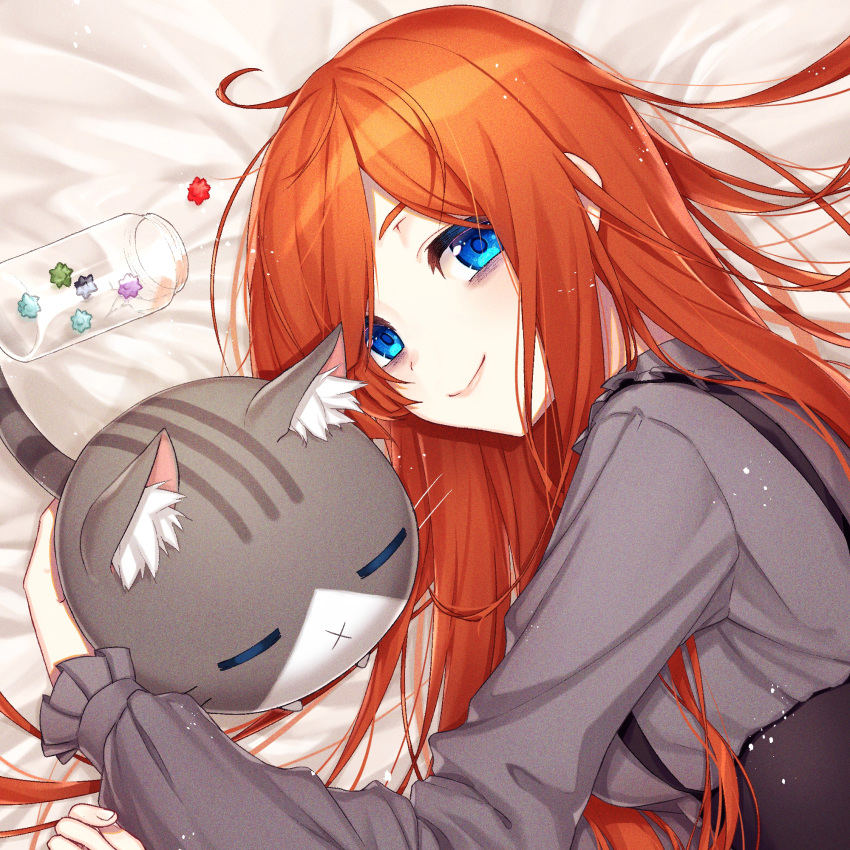 1girl :x ahoge animal_ear_fluff bags_under_eyes bed_sheet blue_eyes blush breasts cat closed_mouth frilled_sleeves frills grey_shirt guribato highres jar long_hair long_sleeves looking_at_viewer lying medium_breasts on_bed on_side original redhead shirt smile solo upper_body