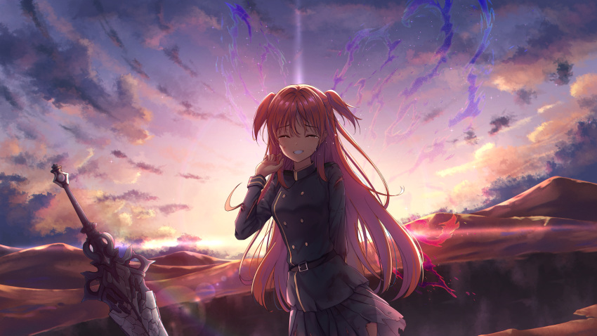 1girl arm_behind_back black_jacket black_skirt chtholly_nota_seniorious closed_eyes crying facing_viewer floating_hair grin highres jacket lens_flare long_hair long_sleeves marinesnow military military_jacket military_uniform miniskirt outdoors pleated_skirt redhead see-through_silhouette shiny shiny_hair shuumatsu_nani_shitemasu_ka? shuumatsu_no_izetta skirt smile solo sparkle standing sunset sword tears torn_clothes torn_jacket torn_skirt two_side_up uniform very_long_hair weapon