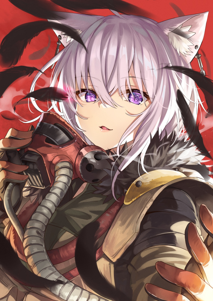 1girl animal_ears apex_legends bloodhound_(apex_legends) cat_ears commentary cosplay feathers gloves hair_between_eyes highres hololive ks looking_at_viewer mask mouth_mask nekomata_okayu open_mouth portrait purple_hair red_background short_hair solo violet_eyes virtual_youtuber