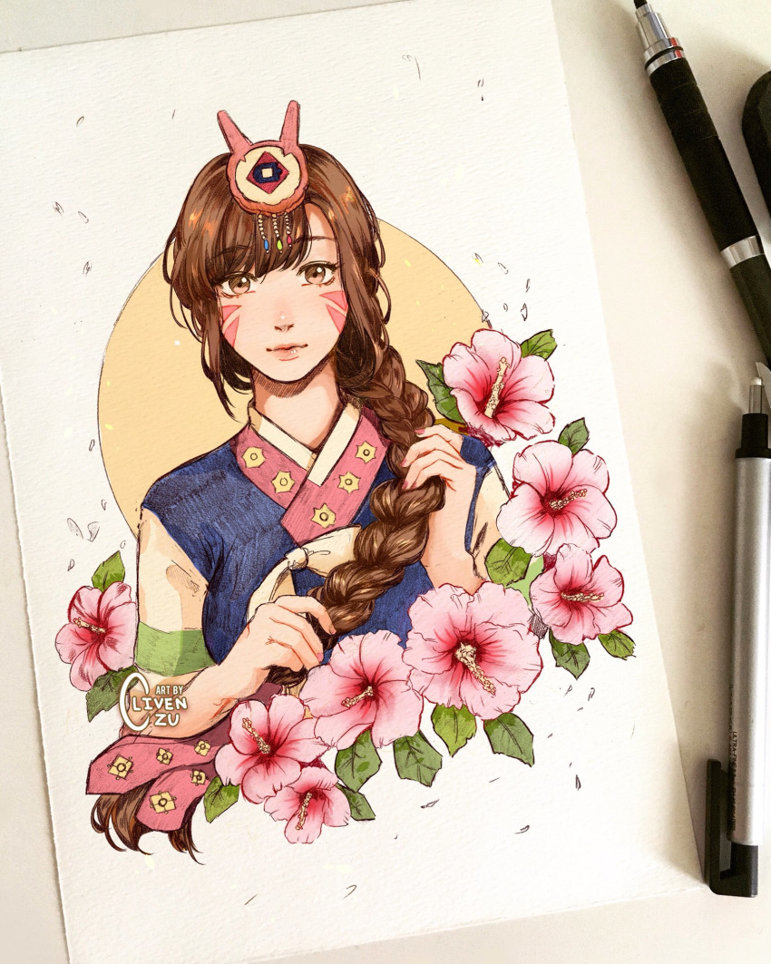 1girl adapted_costume artist_name braid brown_eyes brown_hair clivenzu closed_mouth commentary d.va_(overwatch) english_commentary eyebrows_visible_through_hair fingernails flower graphite_(medium) hair_ornament hair_over_shoulder hanbok hands_up highres korean_clothes looking_at_viewer mechanical_pencil mixed_media overwatch pencil photo pink_flower pink_nails solo traditional_media twitter_username whisker_markings