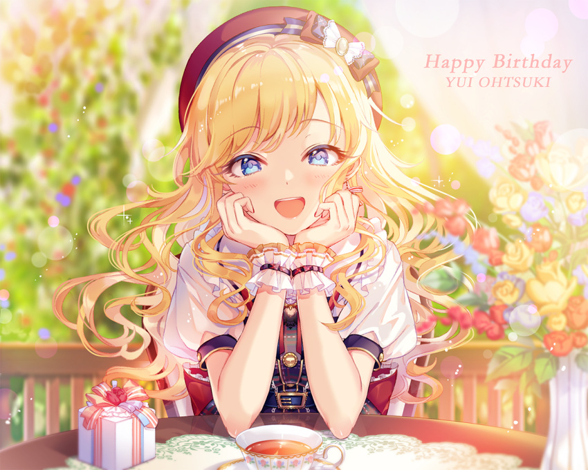 1girl bangs belt beret blonde_hair blue_eyes blurry blurry_background blush bokeh character_name commentary cup depth_of_field dress earrings flower gift happy_birthday hat head_rest idolmaster idolmaster_cinderella_girls jewelry kina_(446964) lens_flare long_hair looking_at_viewer ootsuki_yui open_mouth puffy_short_sleeves puffy_sleeves red_headwear shirt short_sleeves sitting smile solo table tea teacup upper_body vase wavy_hair white_shirt wrist_cuffs